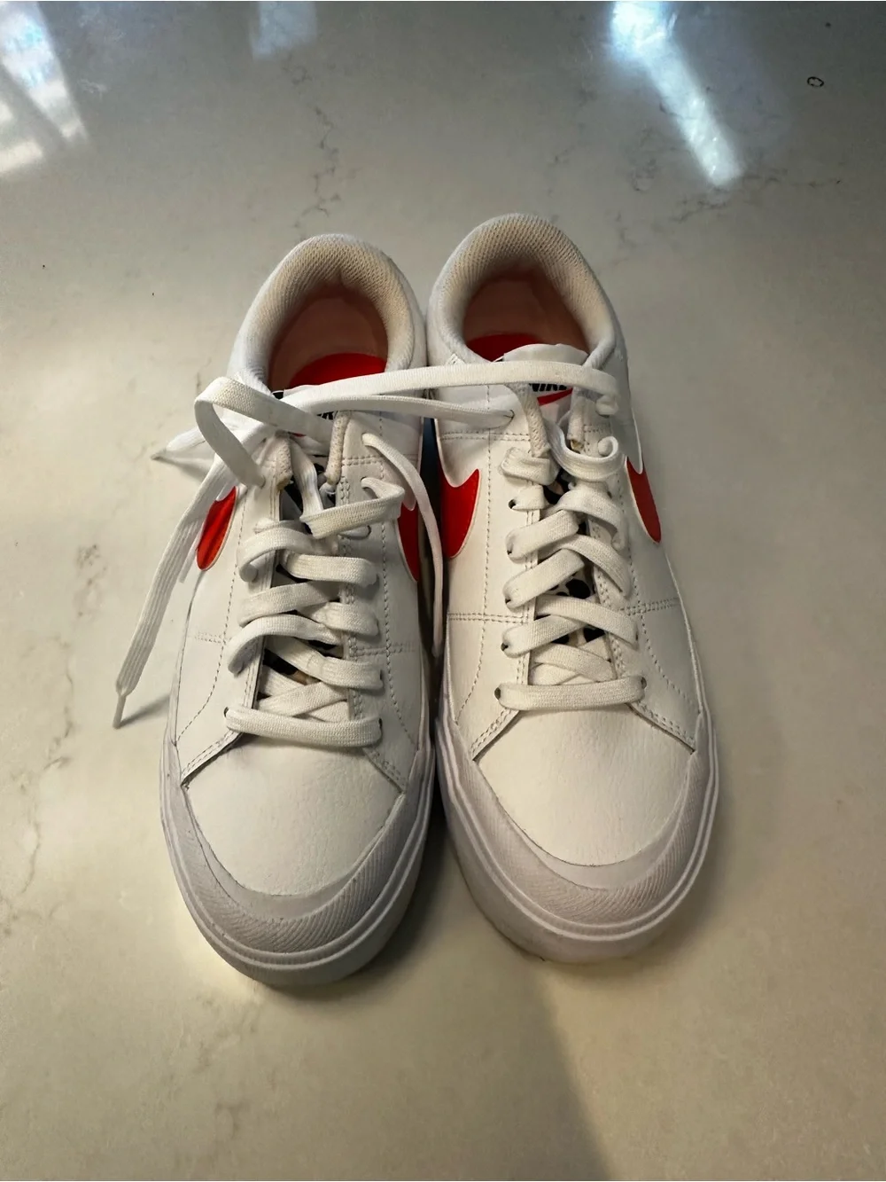 Nike White Low Platform Sneakers with Orange Swoosh and Leopard Accent size 8.5